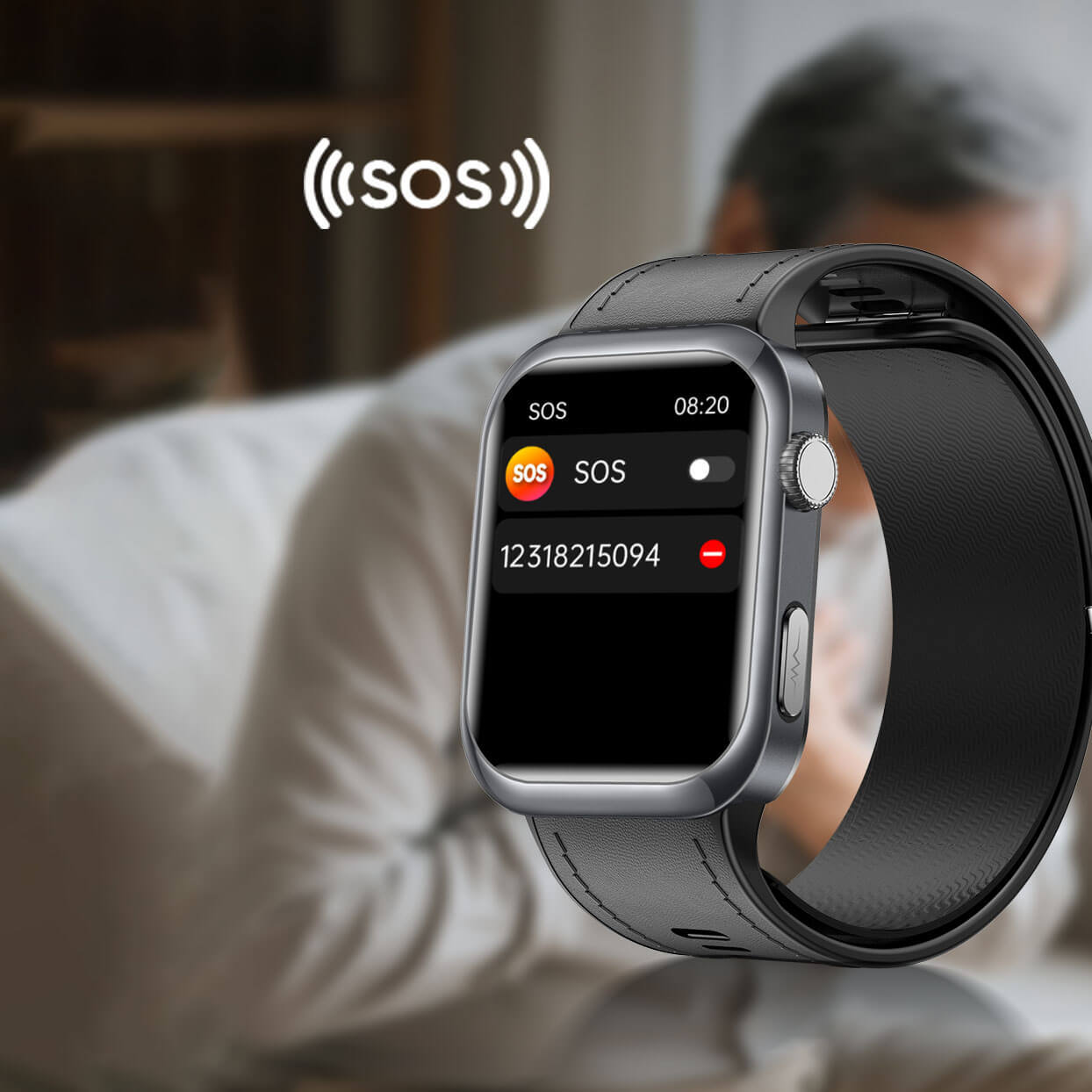 Noxus Blood Pressure Smartwatch with SOS emergency call interface on a blurred background