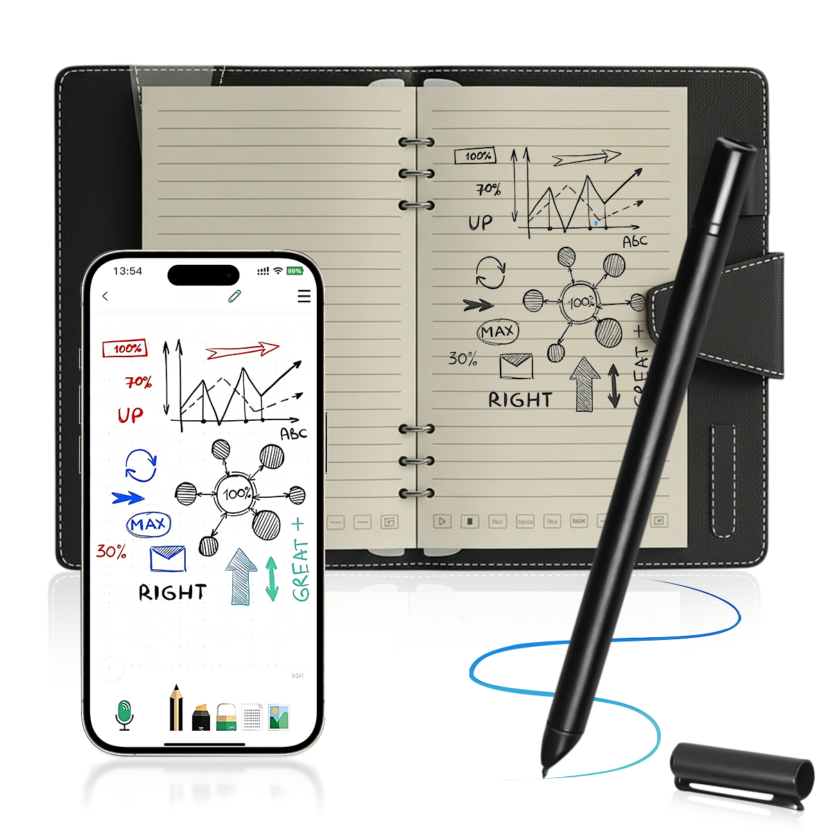 Smartpen with digital display, Noxus Digital Notebook, and pen on a white background