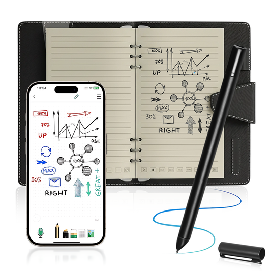 Smartpen with digital display, Noxus Digital Notebook, and pen on a white background