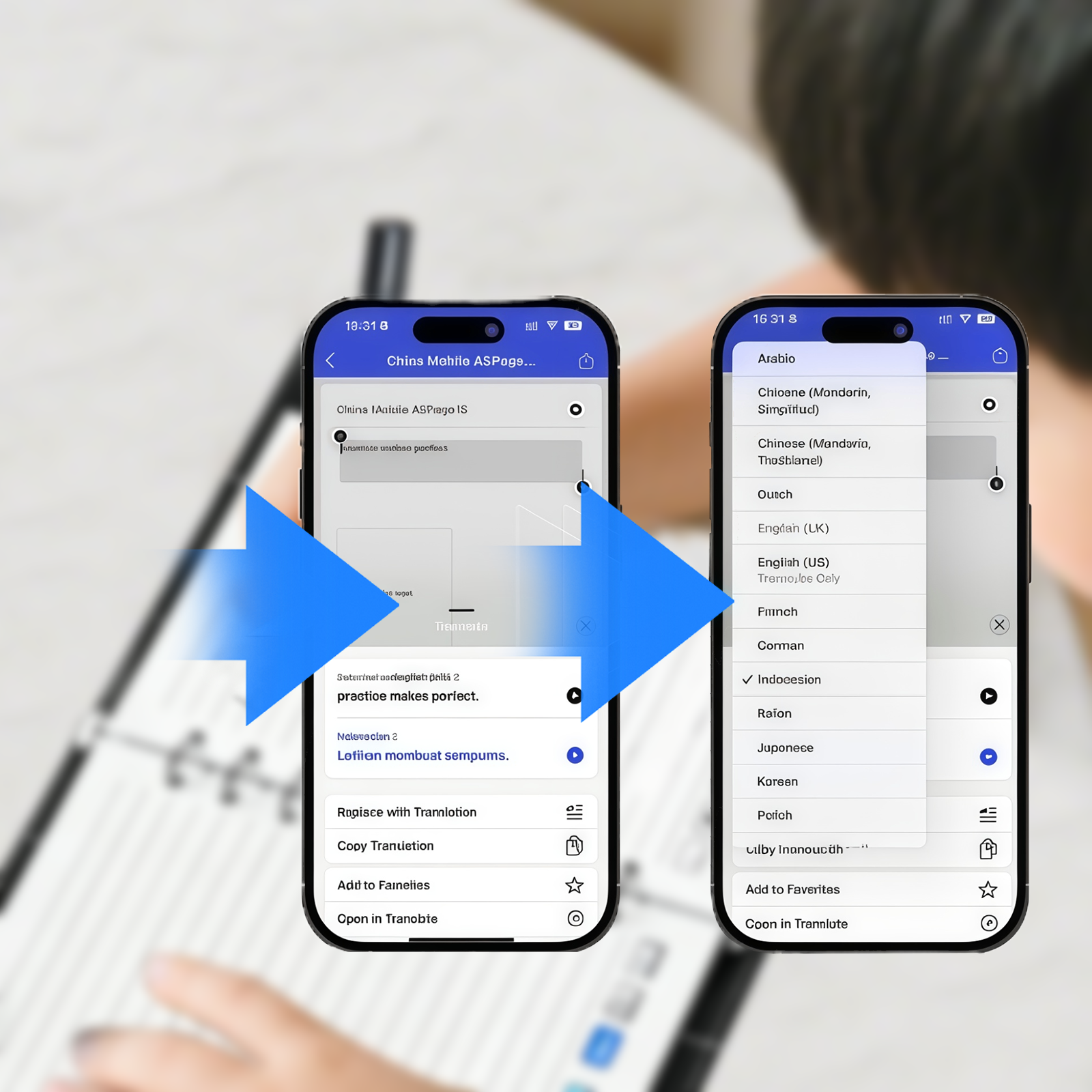 Two smartphones displaying translation apps with a blurred background