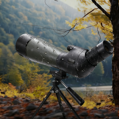 Noxus Spotting Scope on a tripod with a scenic background of trees and water.