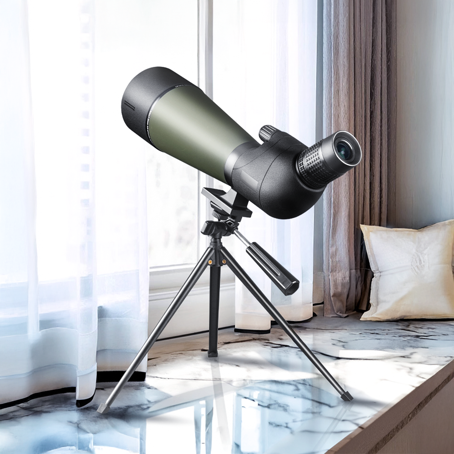Noxus Spotting Scope on a stand in a room with curtains and a couch.