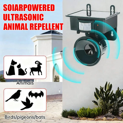 Noxus Solar-Powered Bird Deterrent Device animal repellent with illustration of animals it repels.