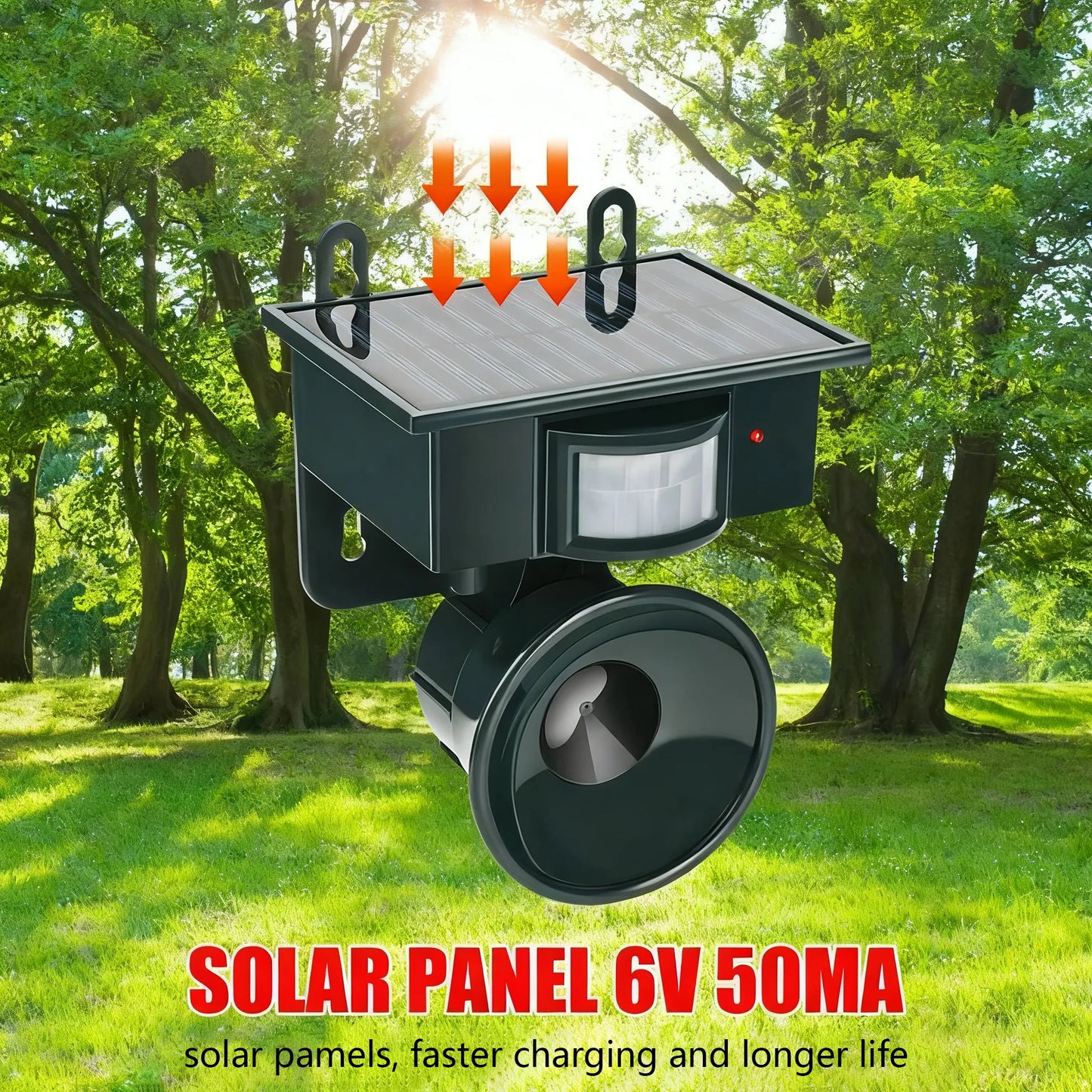 Noxus Solar-Powered Bird Deterrent Device light with solar panel and motion sensor in a garden setting