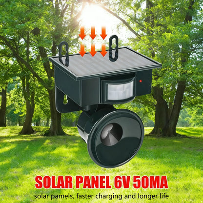 Noxus Solar-Powered Bird Deterrent Device light with solar panel and motion sensor in a garden setting