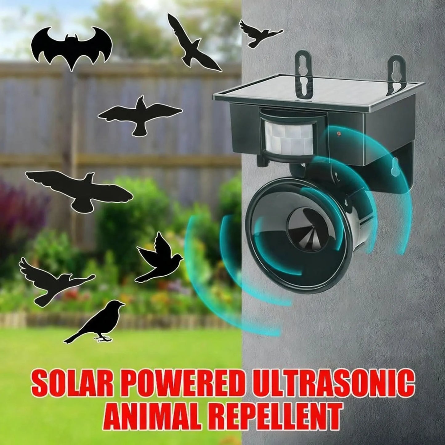 Noxus Solar-Powered Bird Deterrent Device repellent device on a wall with birds flying around.