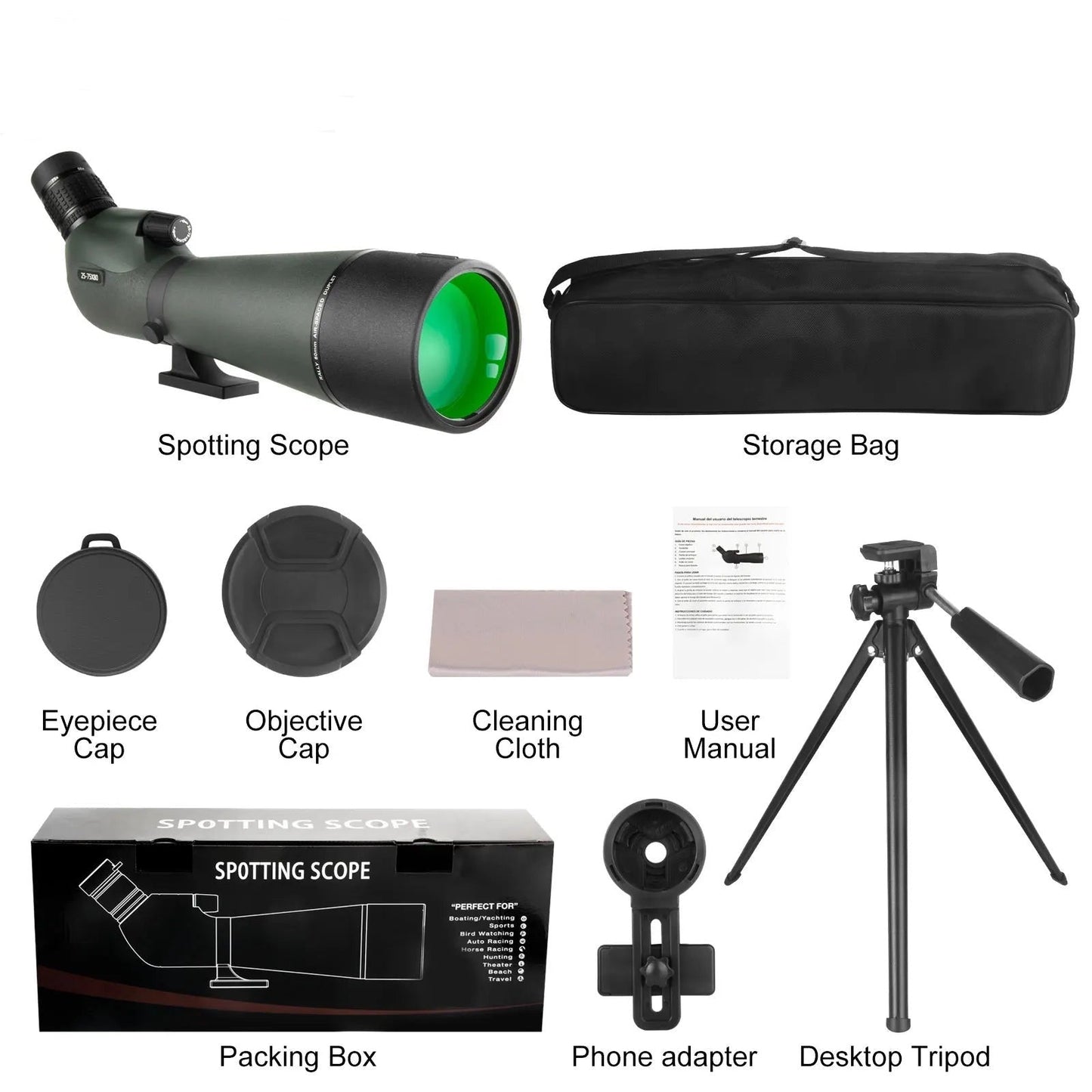 Noxus Spotting scope with accessories including a storage bag, eyepiece cap, objective cap, cleaning cloth, user manual, packing box, phone adapter, and desktop tripod on a white background.