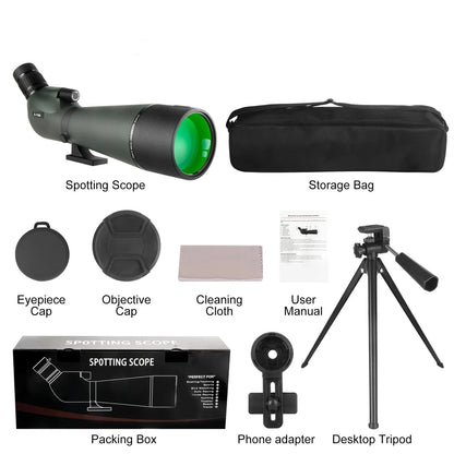 Noxus Spotting scope with accessories including a storage bag, eyepiece cap, objective cap, cleaning cloth, user manual, packing box, phone adapter, and desktop tripod on a white background.