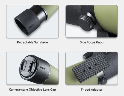 Close-up details of a Noxus Spotting Scope with retractable sunshade, side focus knob, camera-style objective lens cap, and tripod adapter.