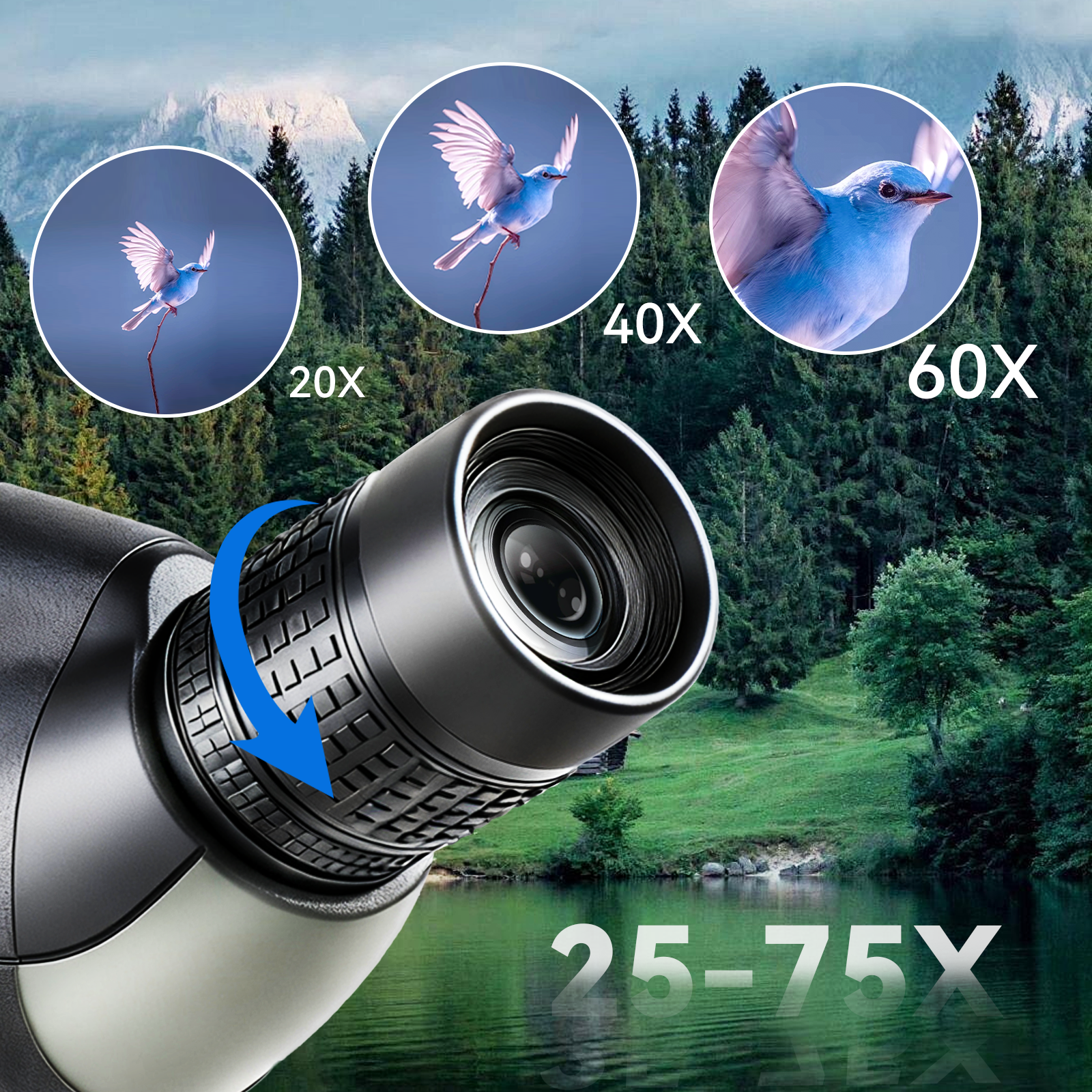 Noxus spotting scope with magnification options over a scenic background of trees and mountains.
