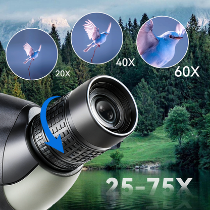 Noxus spotting scope with magnification options over a scenic background of trees and mountains.
