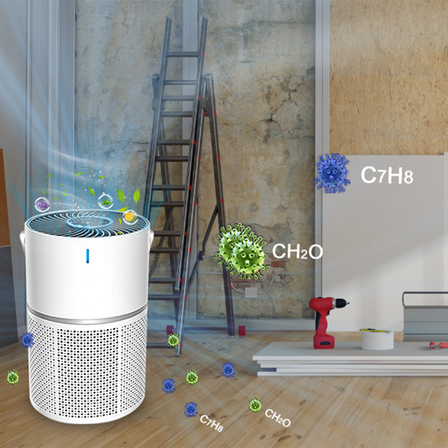 Oakerly Air Purifier in a room with construction elements and chemical symbols on the wall.