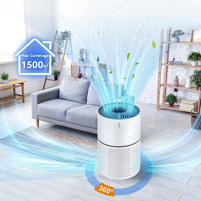 Oakerly Air Purifier in a living room with max coverage and 360-degree cleaning indication.