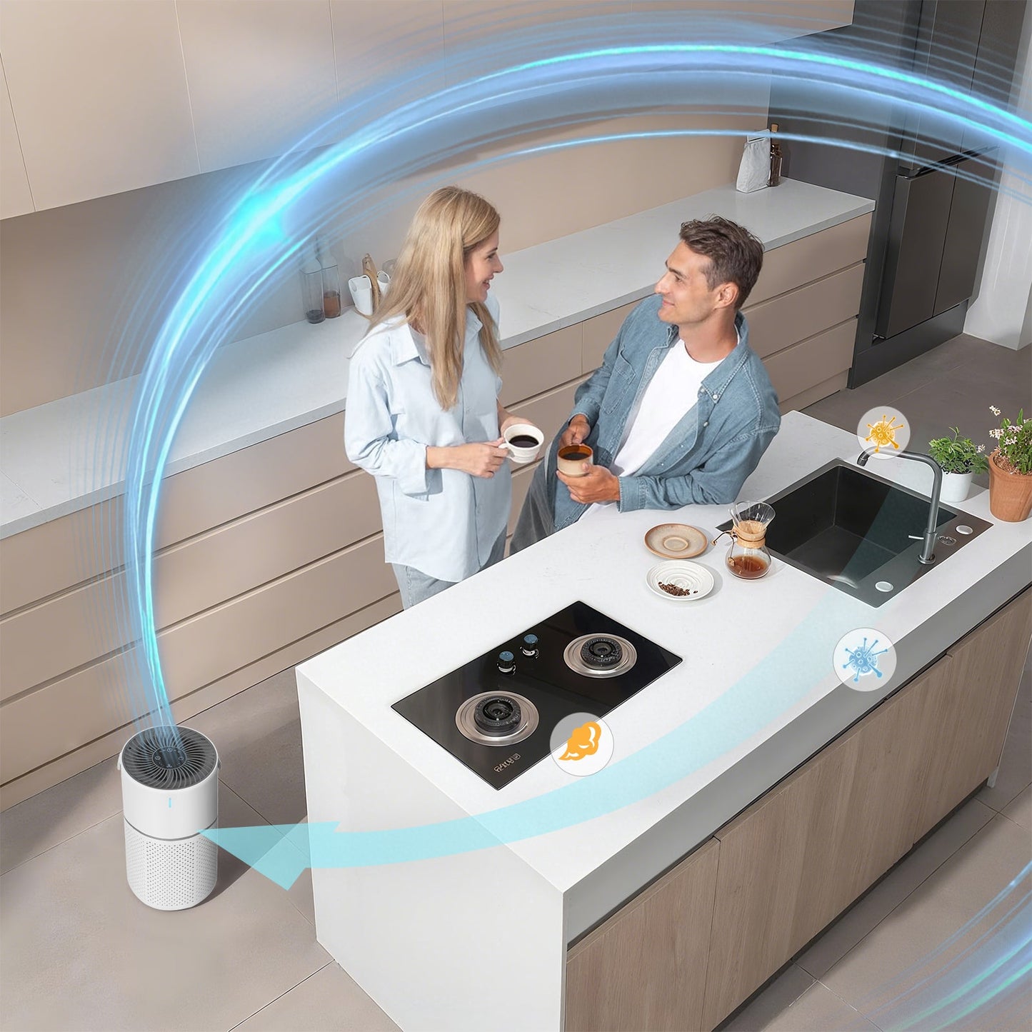 Modern kitchen with a couple interacting, featuring a water filter system.