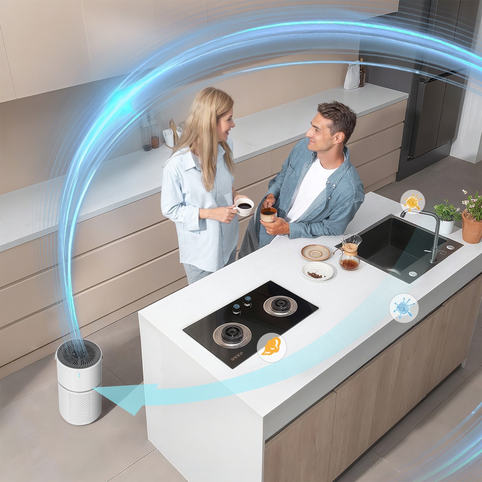 Modern kitchen with a couple interacting, featuring a water filter system.
