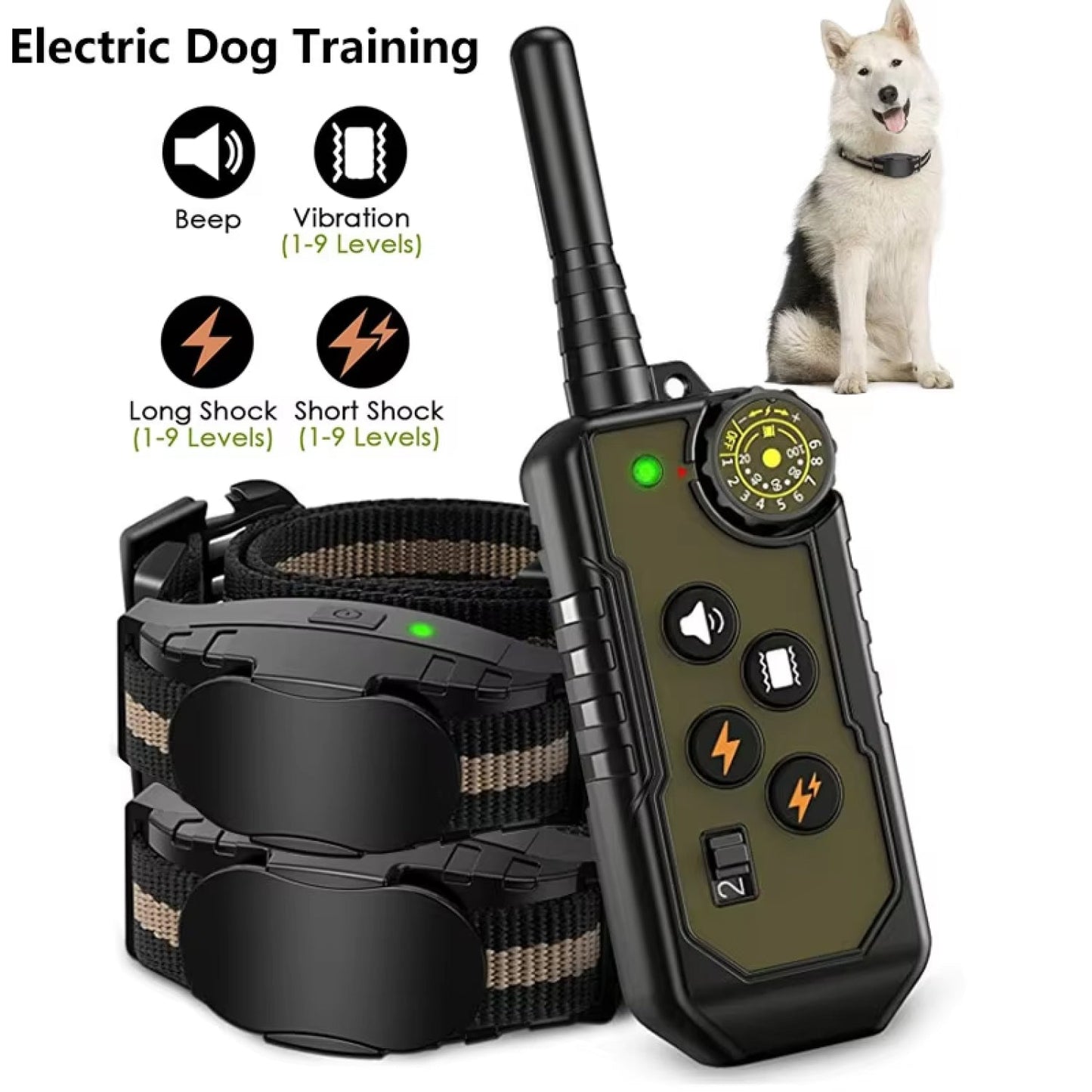 Electric ObeTrainy Dog Training Collar with remote control and dog on a white background