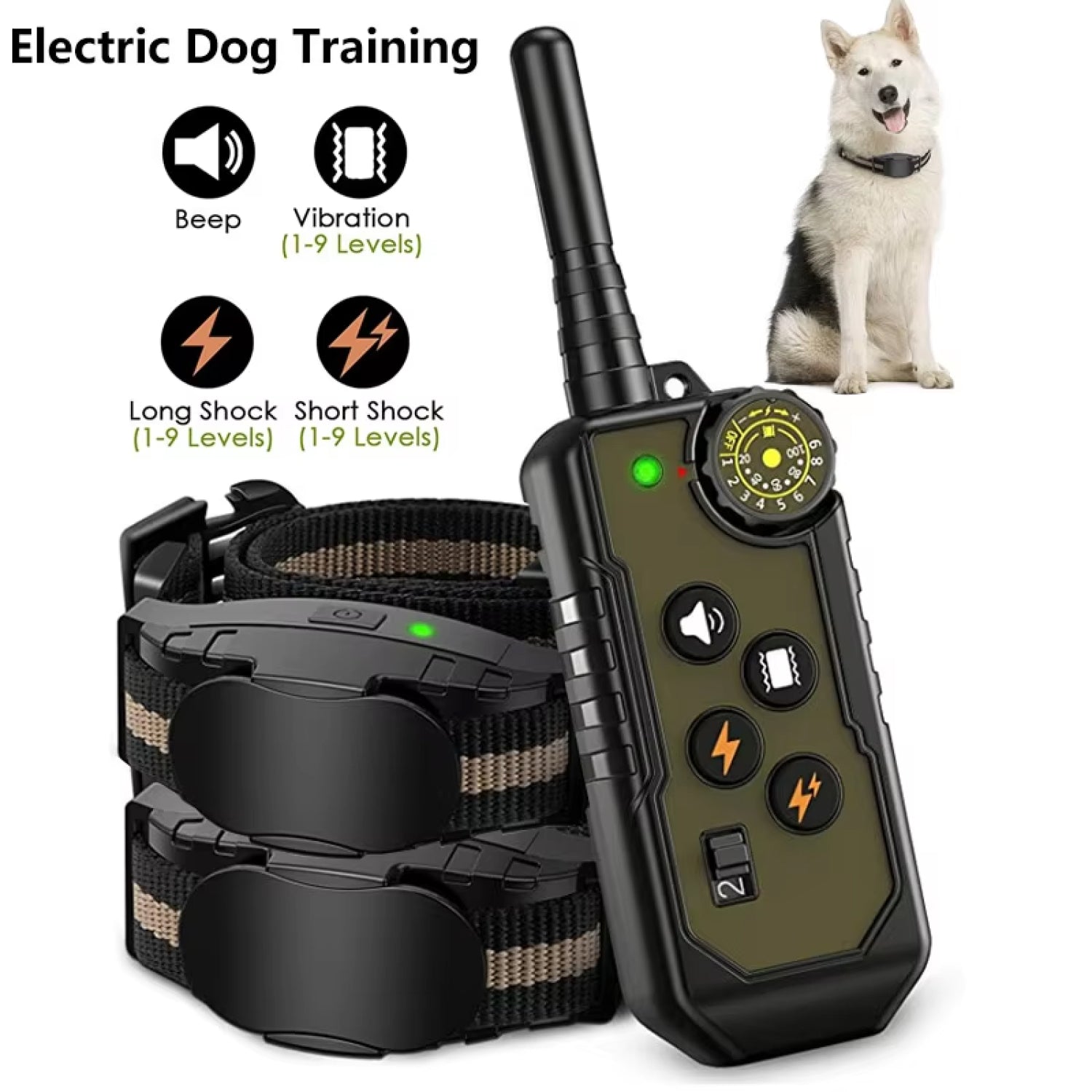 Electric ObeTrainy Dog Training Collar with remote control and dog on a white background