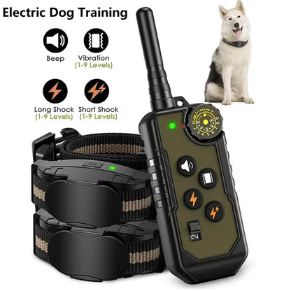 Electric ObeTrainy Dog Training Collar with remote control and dog on a white background