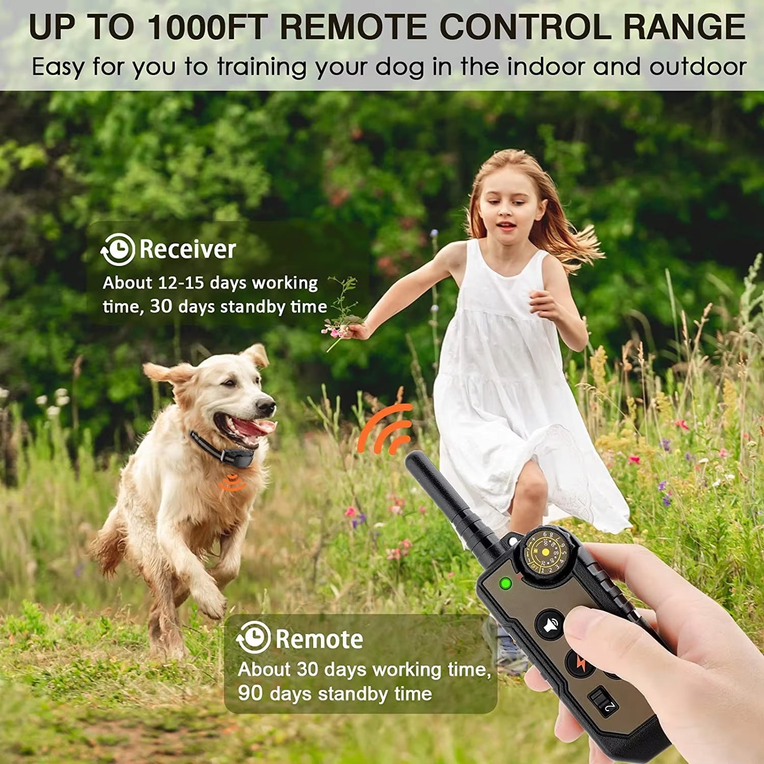 ObeTrainy Dog Training Collar remote control with receiver and child and dog in outdoor setting