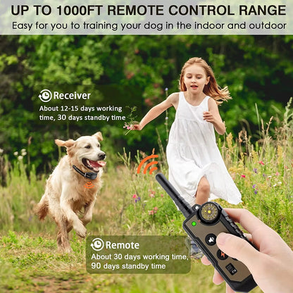 ObeTrainy Dog Training Collar remote control with receiver and child and dog in outdoor setting