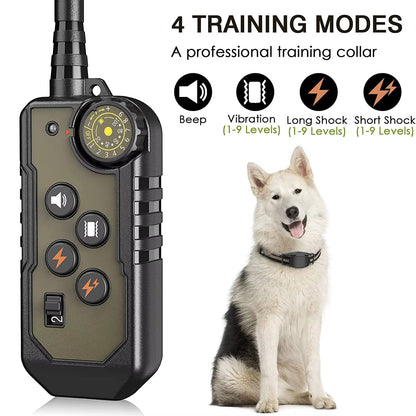ObeTrainy Dog Training Collar with control device and a dog wearing the collar on a white background