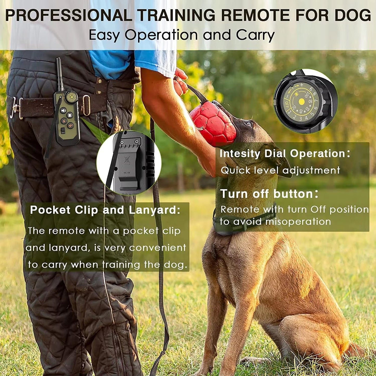 Dog ObeTrainy Dog Training Collar with person and dog in a grassy field