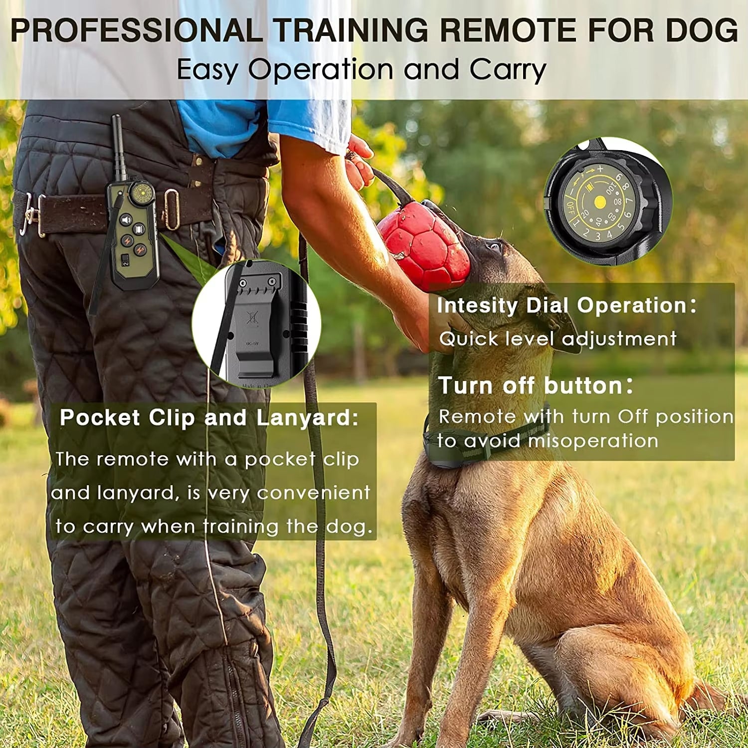 Dog ObeTrainy Dog Training Collar with person and dog in a grassy field