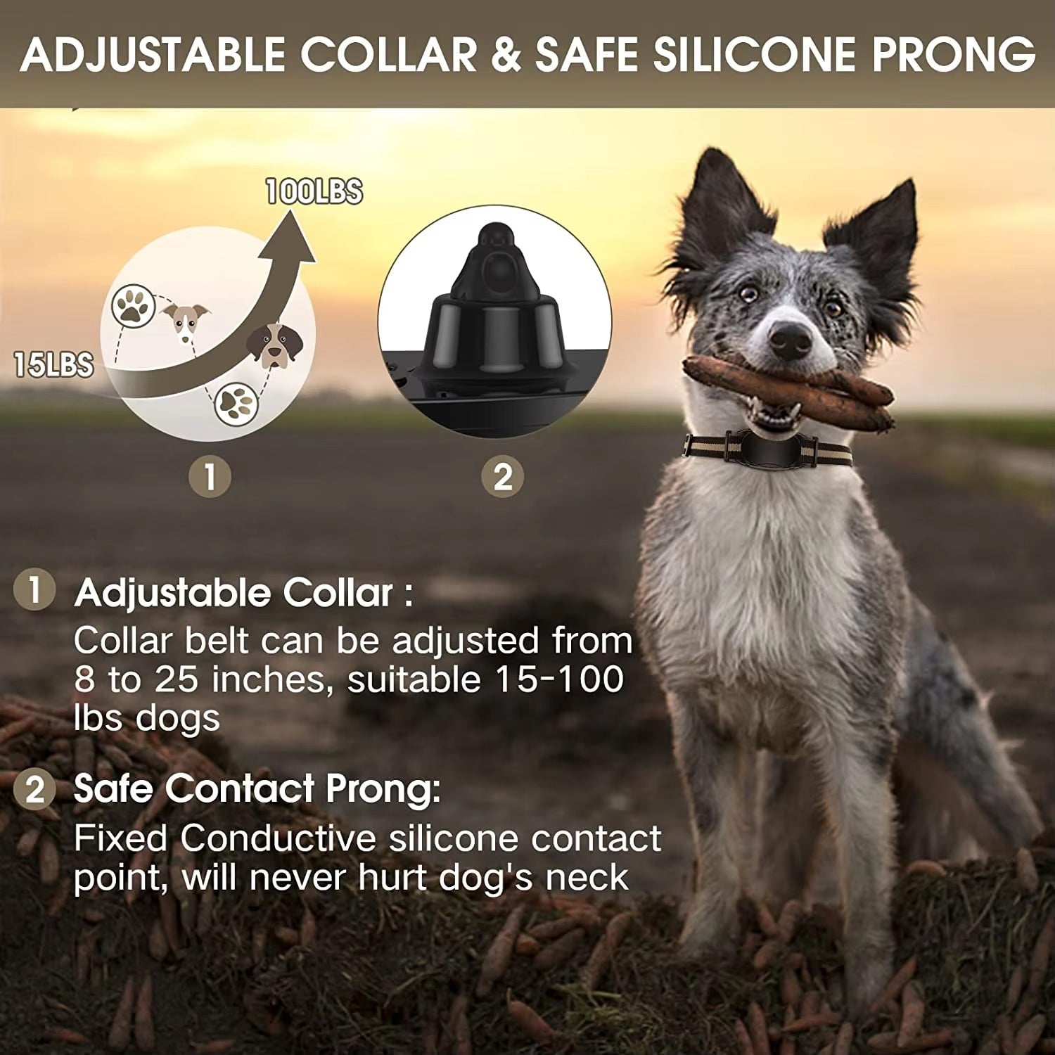 ObeTrainy Dog Training Collar with an adjustable collar and safe silicone prong feature, set against a natural background.