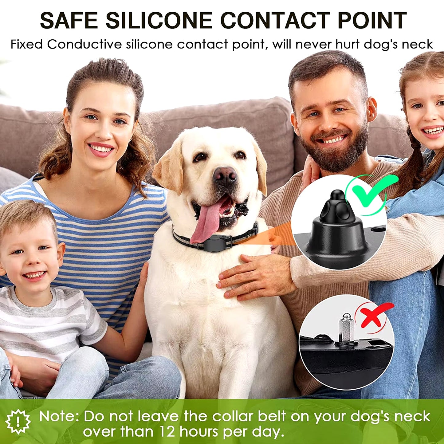 Family with a dog wearing a ObeTrainy Dog Training Collar, promoting a safe silicone contact point for the collar.