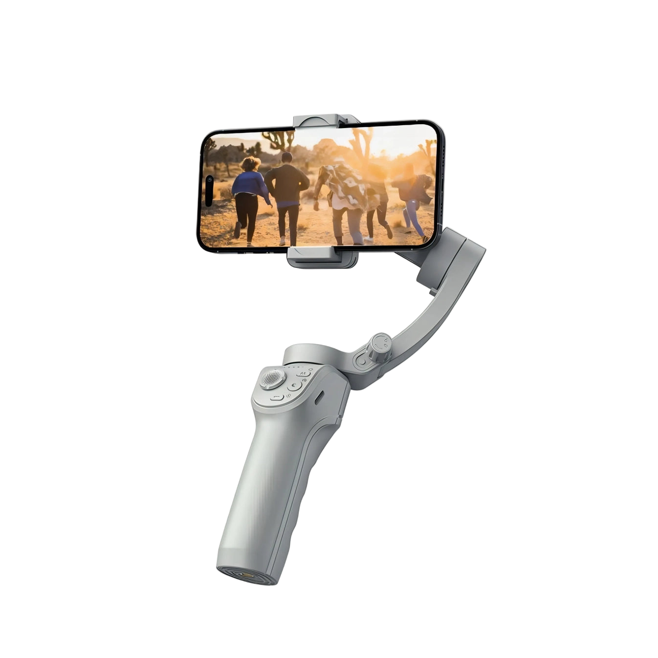 Optego Gimbal stabilizer with phone attached on a white background