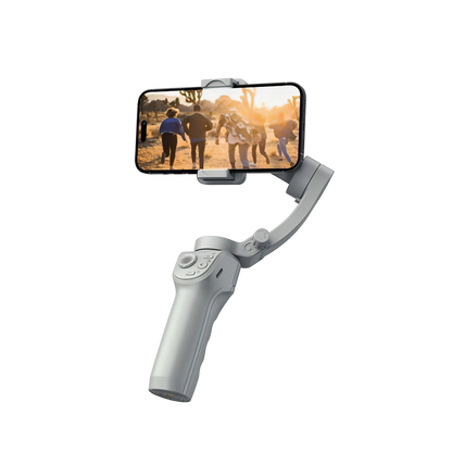Optego Gimbal stabilizer with phone attached on a white background