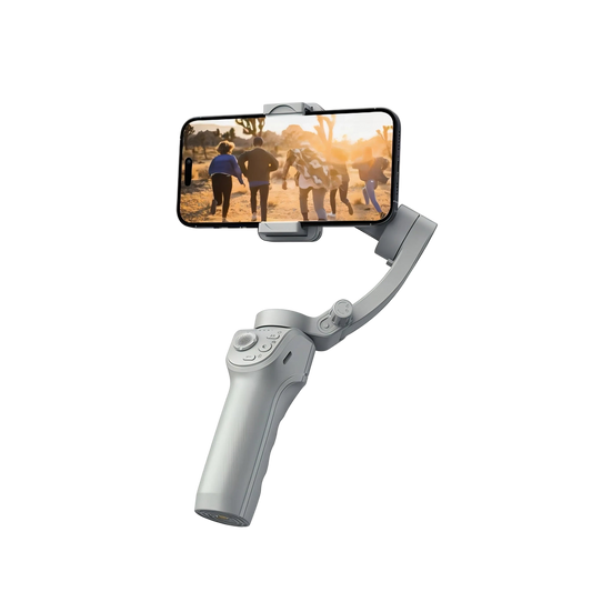 Optego Gimbal stabilizer with phone attached on a white background