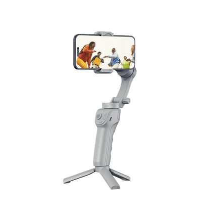 Optego Gimbal stabilizer with smartphone displaying a sports game on a white background