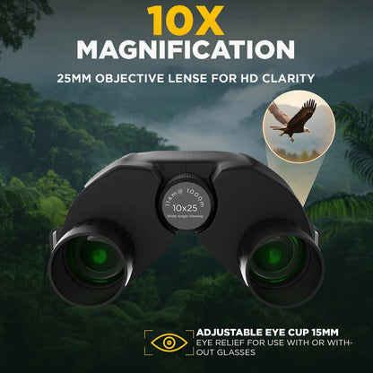 OptiVistiq Compact Binocular with 10x magnification and 25mm objective lens against a forest background