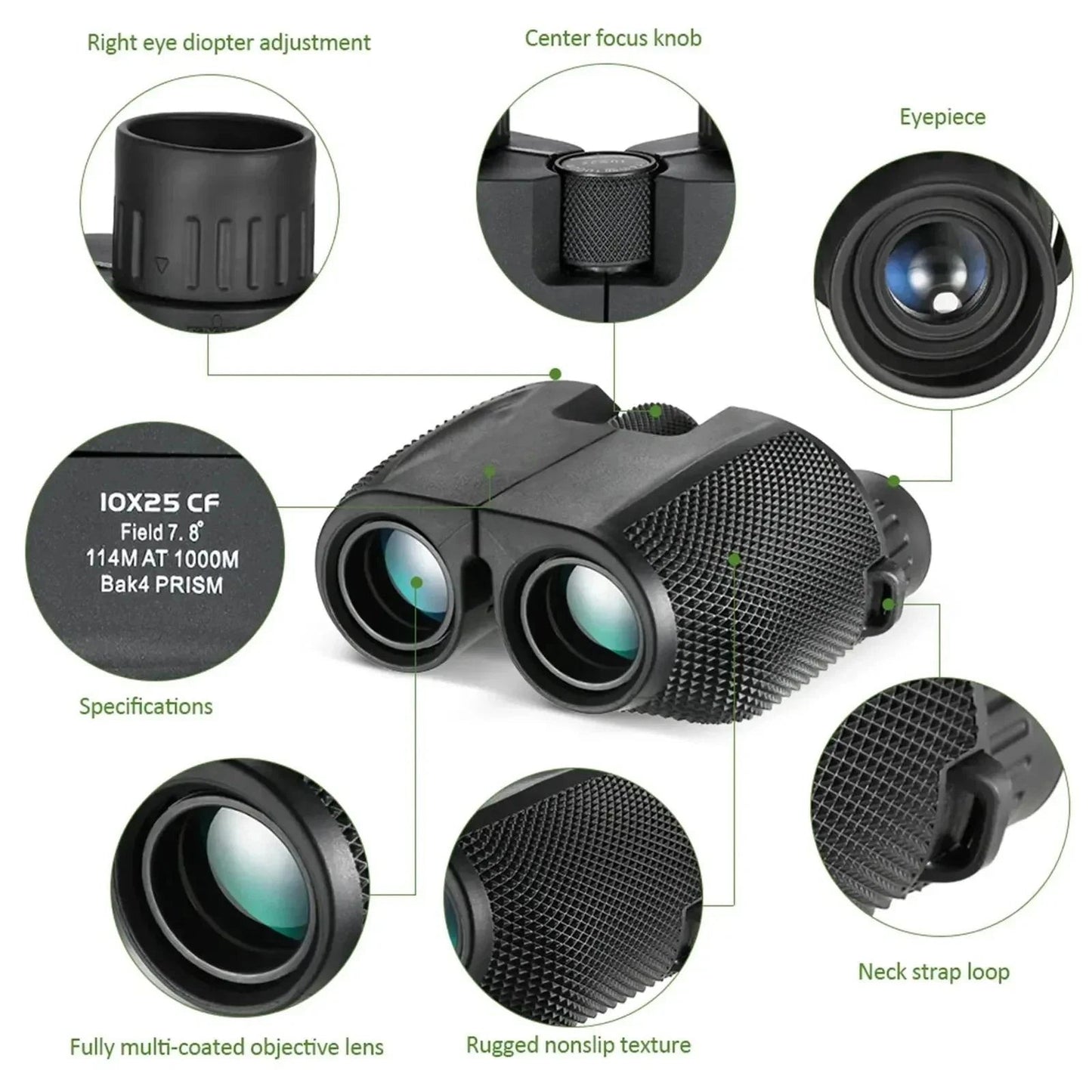 OptiVistiq Compact Binocular with labeled parts on a white background