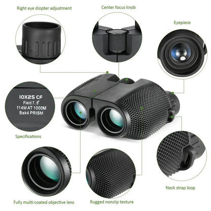 OptiVistiq Compact Binocular with labeled parts on a white background