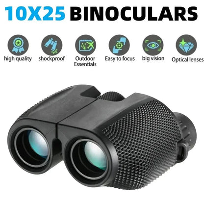 Black OptiVistiq Compact Binocular with features listed on a white background