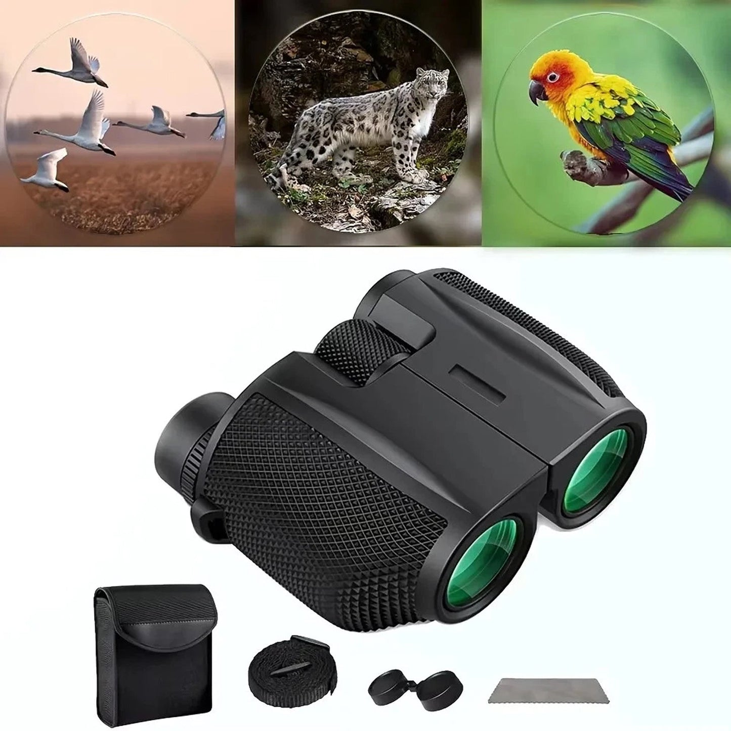 Black OptiVistiq Compact Binoculars with green lenses on a white background, surrounded by images of wildlife.