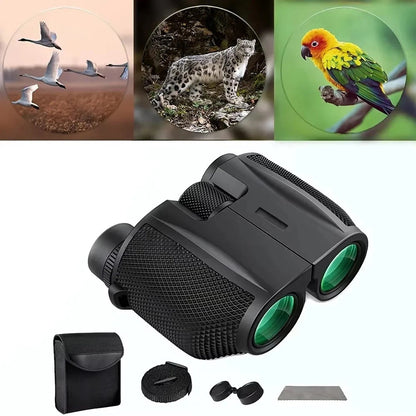 Black OptiVistiq Compact Binoculars with green lenses on a white background, surrounded by images of wildlife.