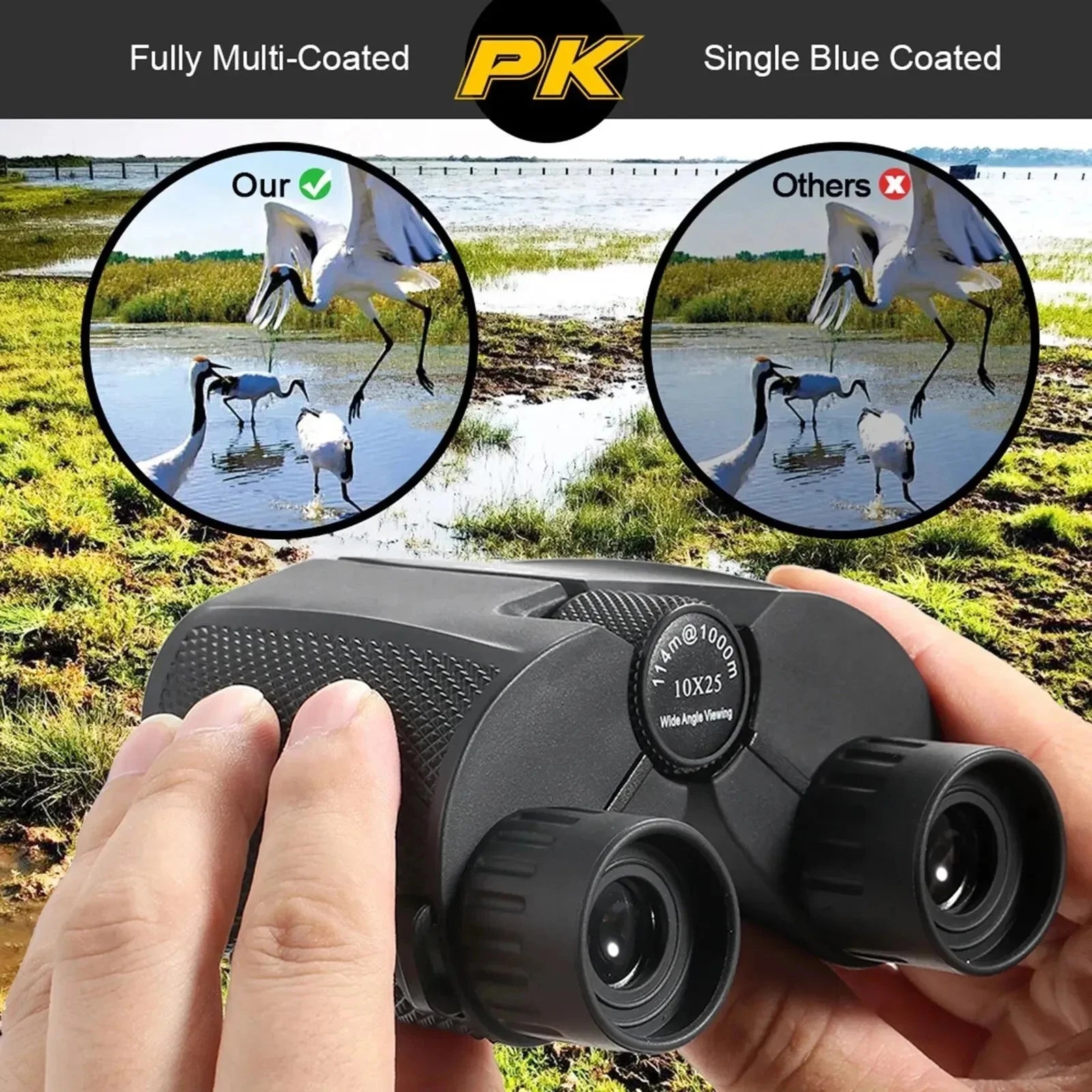 OptiVistiq Compact Binoculars held by a person with a scenic background, comparing 'Fully Multi-Coated' vs 'Single Blue Coated' lenses.