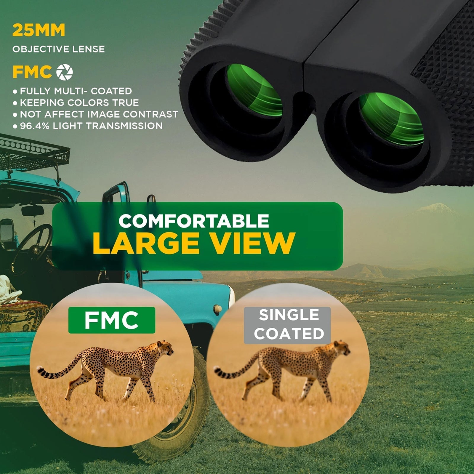 OptiVistiq Compact Binoculars with FMC coating feature on a safari-themed background