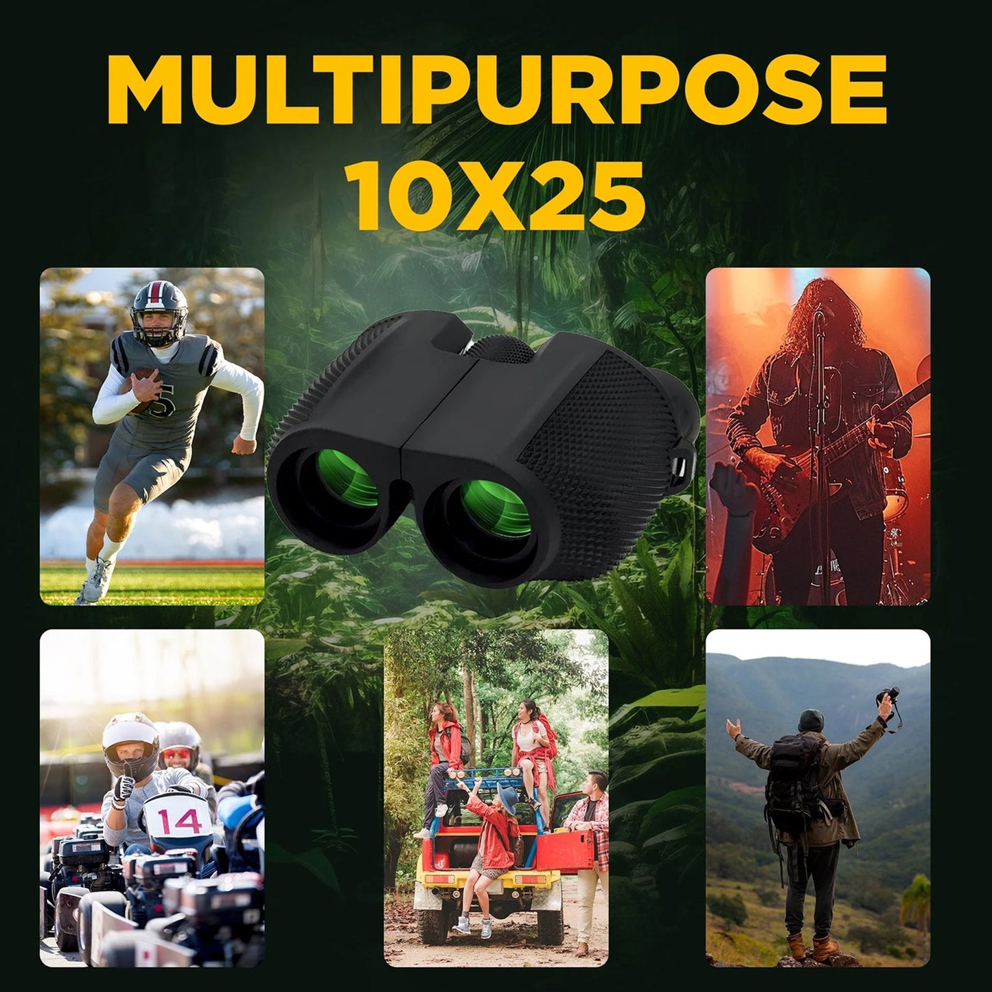 Black OptiVistiq Compact Binoculars with lifestyle images and text 'MULTIPURPOSE 10X25' on a green background