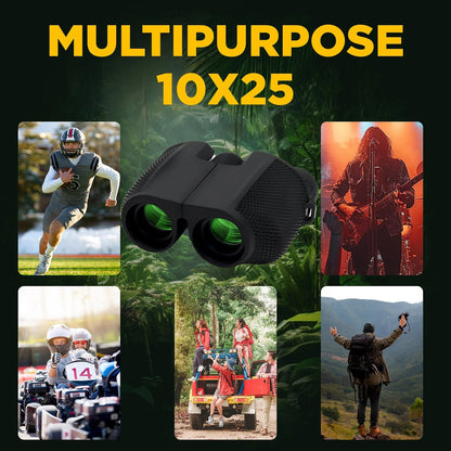 Black OptiVistiq Compact Binoculars with lifestyle images and text 'MULTIPURPOSE 10X25' on a green background