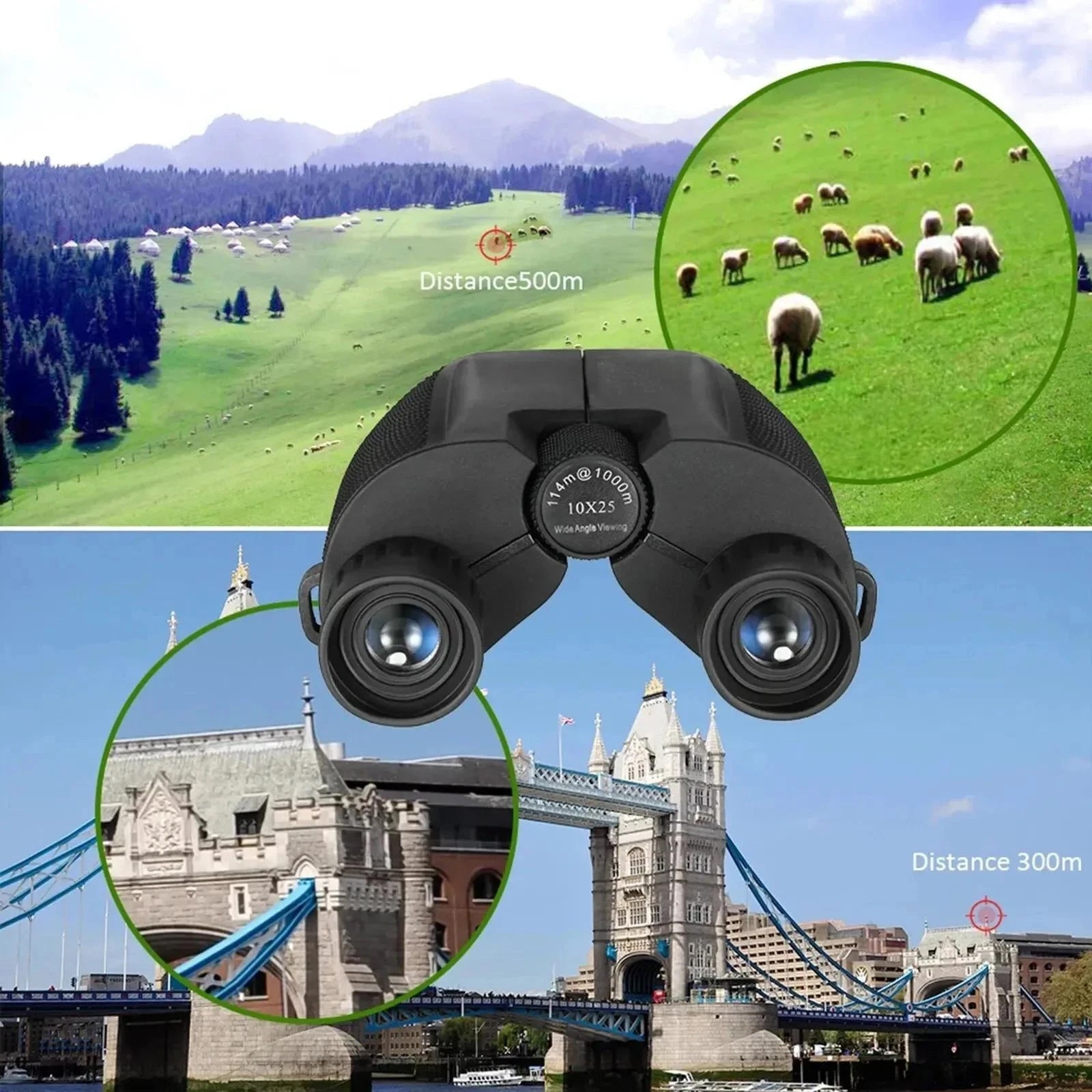OptiVistiq Compact Binoculars with scenic views of a landscape and a cityscape in the background