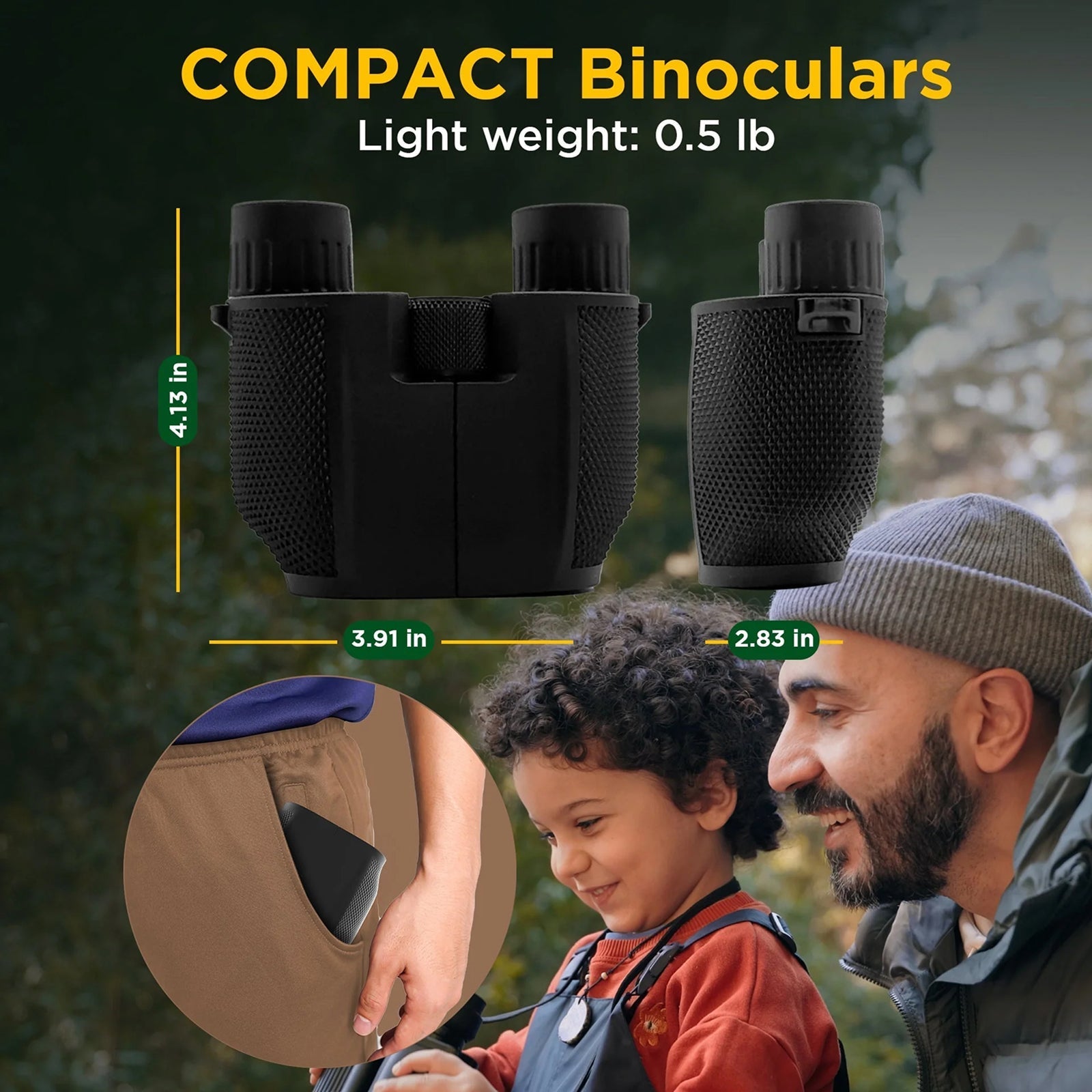 OptiVistiq Compact Binoculars with a man and child outdoors, showing product dimensions.