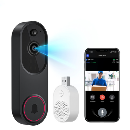 Optinexo Doorbell Camera system with camera, speaker, and smartphone app interface on a white background