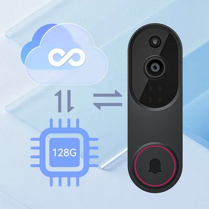 Black Optinexo Doorbell Camera with cloud icon, storage capacity indicator, and bell symbol on a light blue background