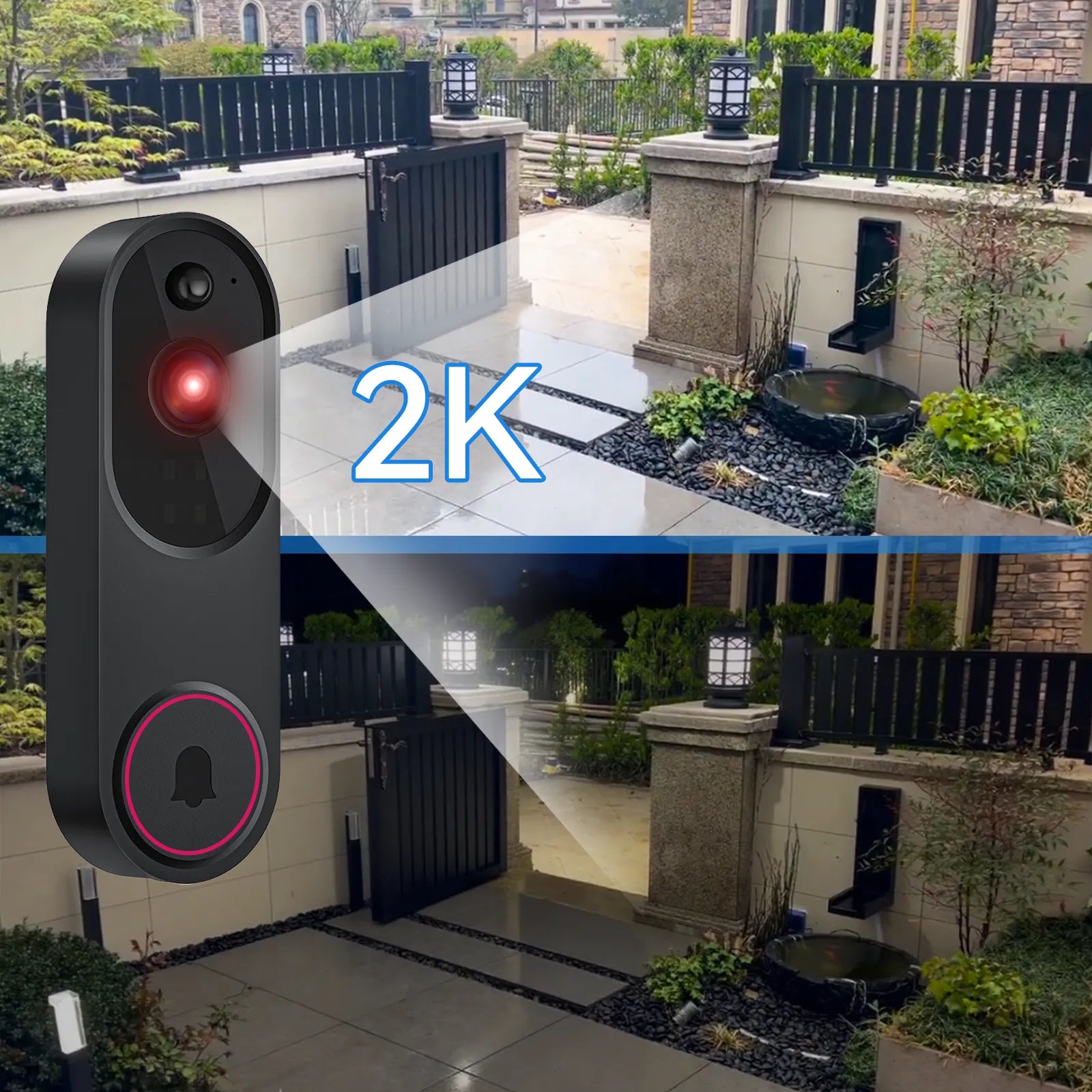 Outdoor Optinexo Doorbell Camera with '2K' label on a scenic background