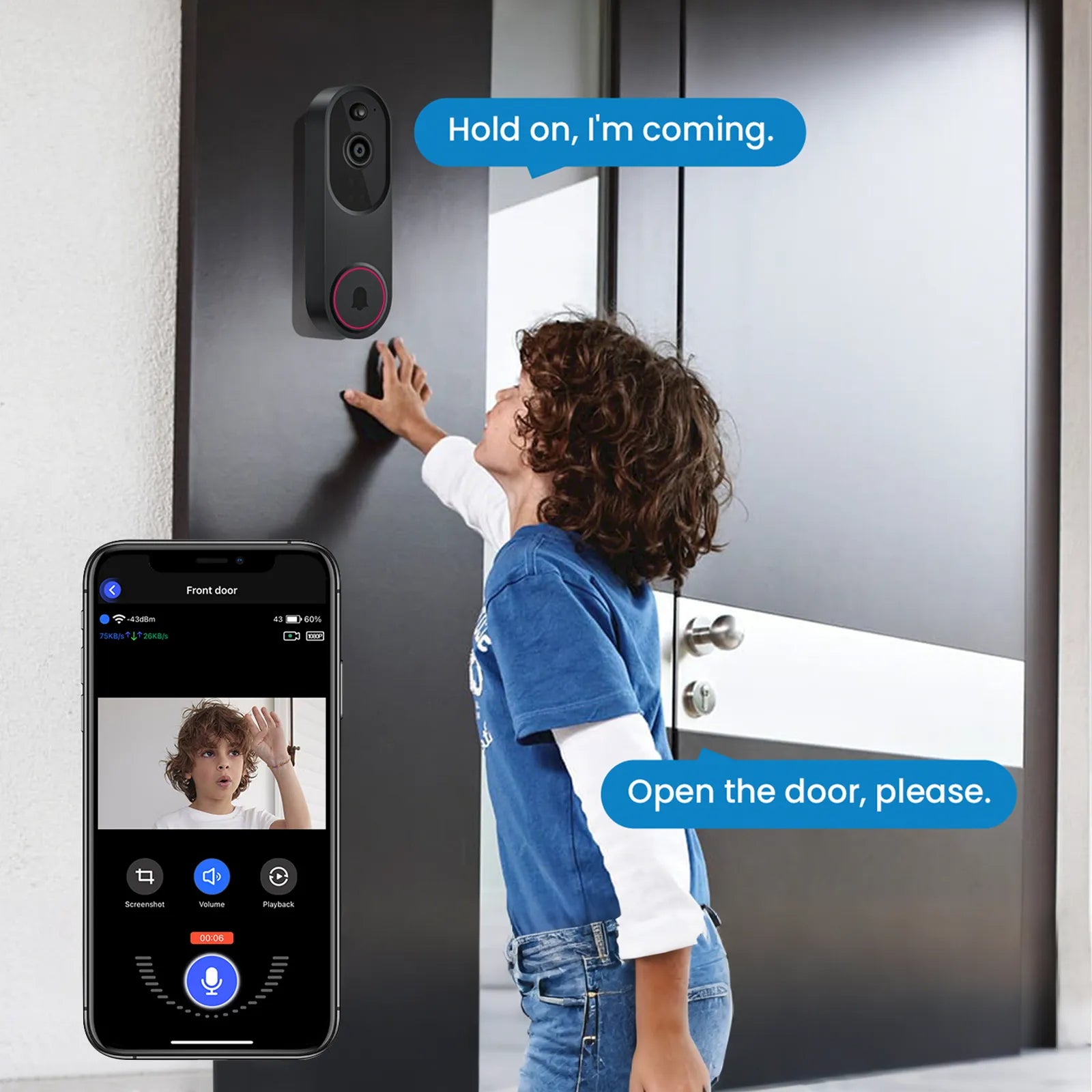 Optinexo Doorbell Camera with smartphone app interface and child interacting with it.