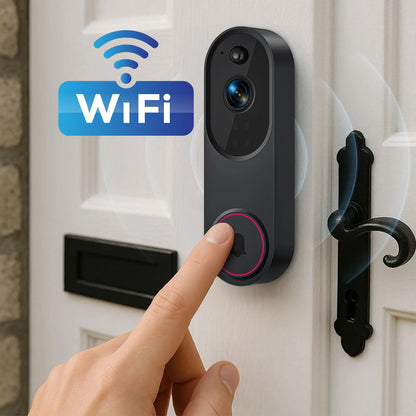 Optinexo Doorbell Camera with WiFi icon on a door, hand pressing button